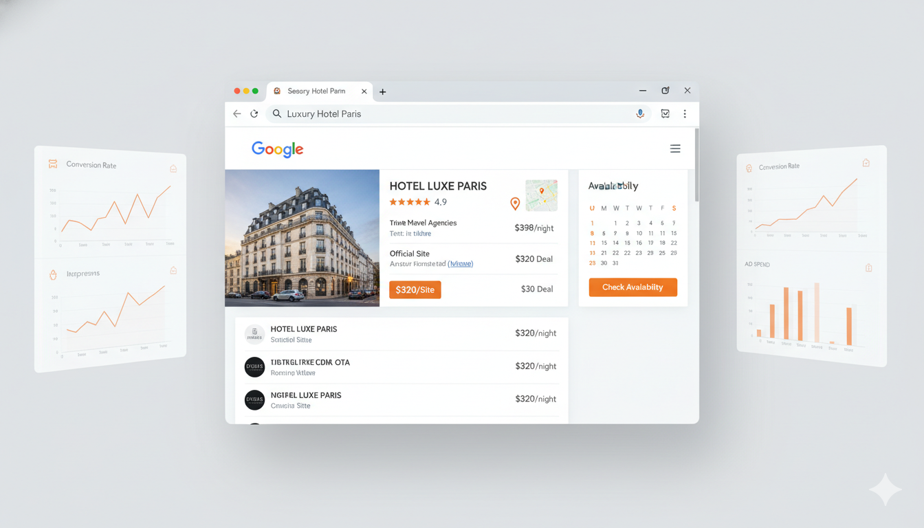 direct hotel bookings><p>Among metasearch platforms, Google Hotel Ads stands out as particularly influential due to Google's dominant position in search. When travelers search for accommodations on Google, they encounter hotel results directly within the search experience—complete with photos, prices, ratings, and availability from multiple booking sources.</p><p>For hoteliers, Google Hotel Ads represents an opportunity to showcase your property alongside pricing from various channels, including OTA partners. This transparency actually benefits the entire booking ecosystem. Travelers appreciate seeing all their options in one place, while hotels gain visibility that drives traffic to multiple booking channels.</p><p>Participating in Google Hotel Ads requires connecting your property data through a connectivity partner or integration platform. Once set up, your rates and availability appear when relevant searches occur, with the platform using sophisticated algorithms to determine which properties to display based on factors like relevance, price competitiveness, and user behavior patterns.</p><p>What makes Google Hotel Ads particularly valuable is its integration with the broader Google ecosystem. Your property can appear not just in dedicated hotel searches, but also in Maps, travel planning features, and related searches—significantly expanding your reach beyond traditional hotel shopping behavior.</p><h2>Strategic Approaches to Hotel Metasearch Marketing</h2> <img decoding=